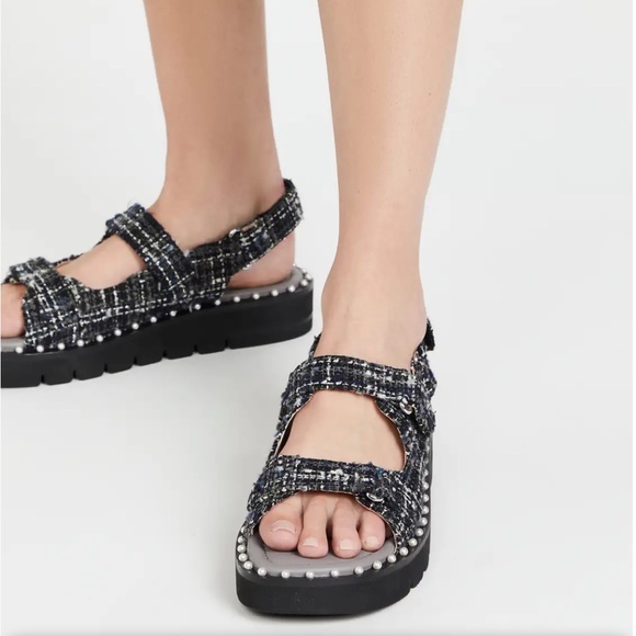 NEW Stuart Weitzman Zoe Lift Sandals Sz 40 Metallic Tweed Pearl Dad Sandal - Picture 2 of 13